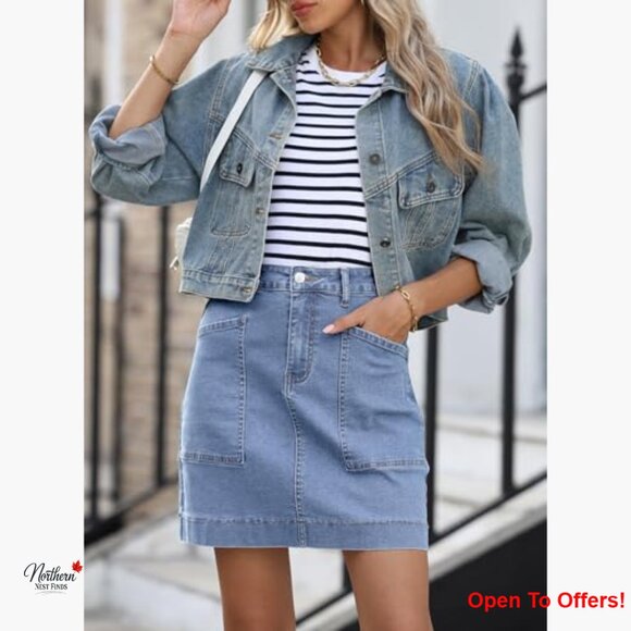 Denim Mini Skirt High Waisted Stretch Casual with Pockets - Picture 5 of 6
